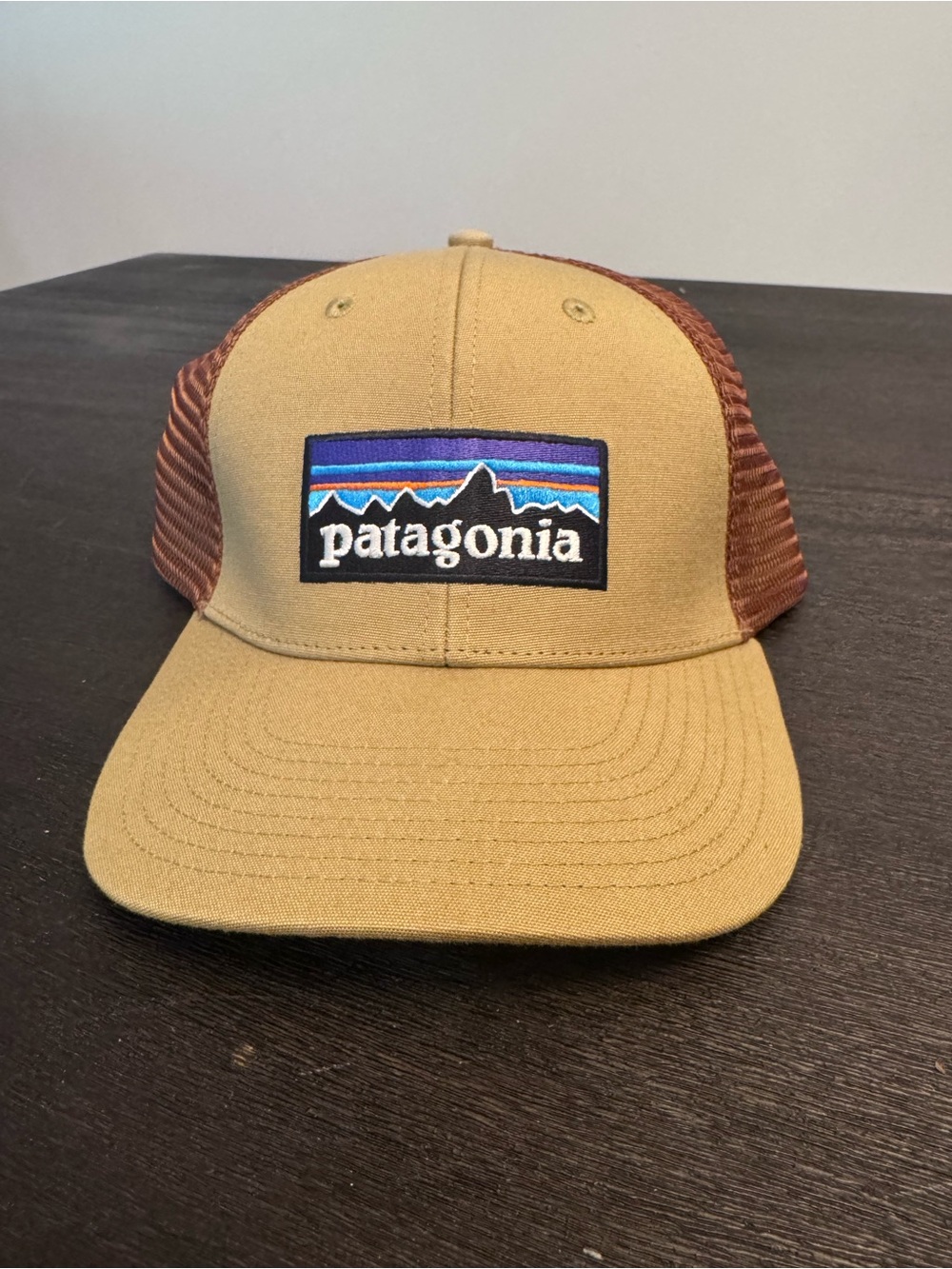 Patagonia Tan and Brown Logo Trucker Hat with Blue Accent